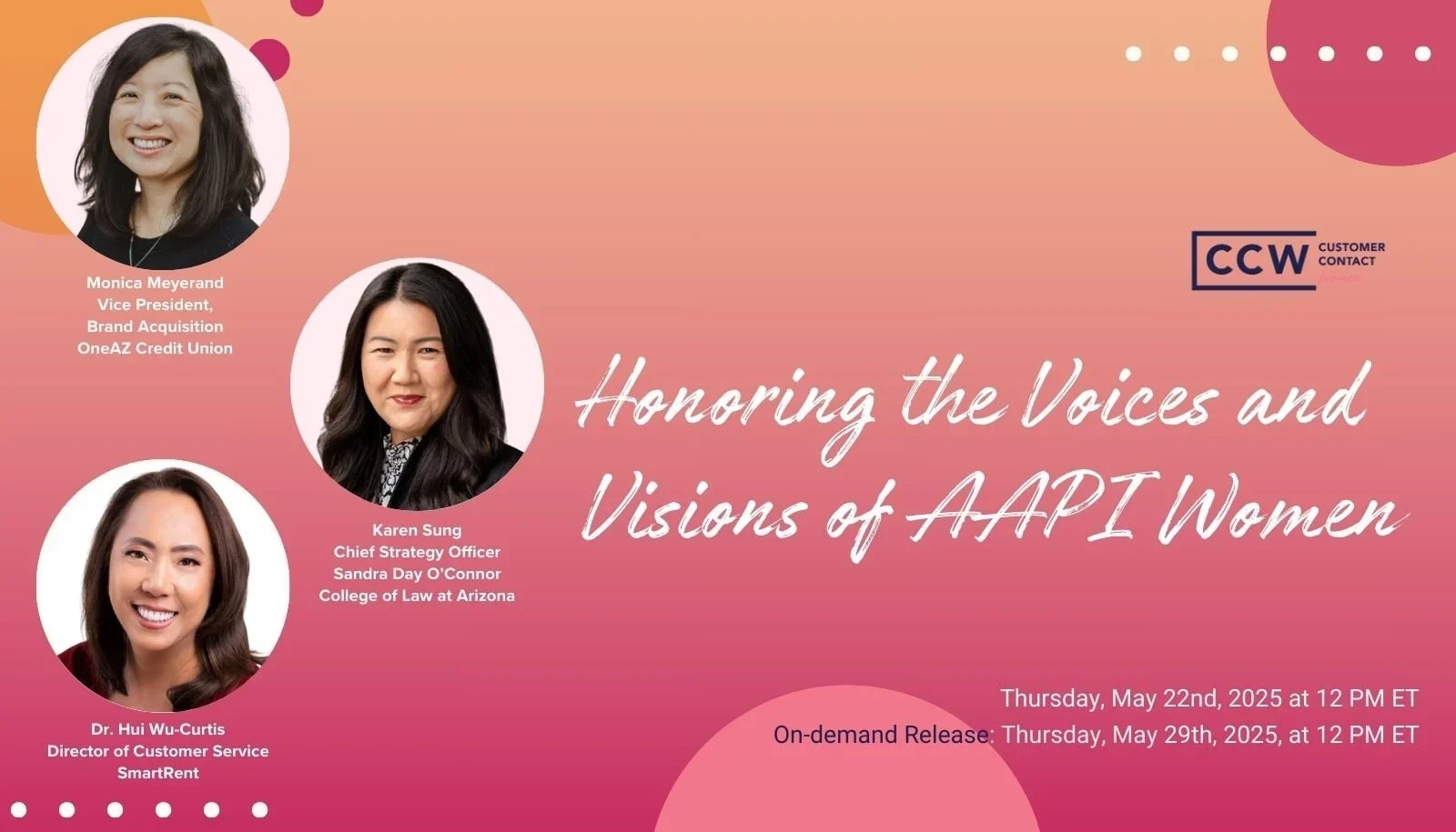 A promotional graphic for a panel honoring AAPI women featuring photos and titles of Monica Meyersand, Karen Sung, and Dr. Hui Wu-Curtis, with event dates listed for May 2025.