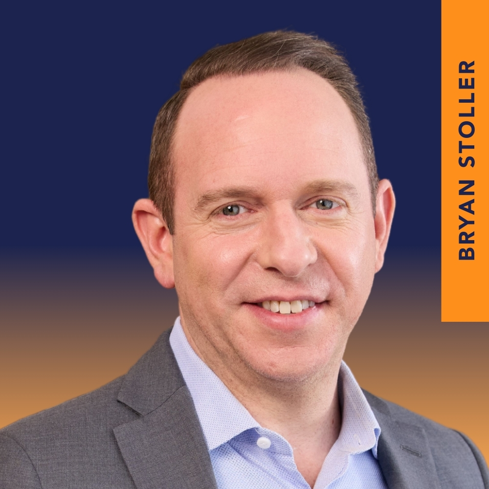 A man in a gray suit jacket and light blue shirt smiles at the camera. The background is blue and orange, with "Bryan Stoller" written vertically on an orange stripe.