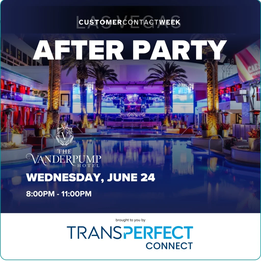 A poolside venue is lit with purple lights, advertising the Customer Contact Week After Party at The Vanderpump Hotel on Wednesday, June 24, 8–11 PM, sponsored by TransPerfect Connect.