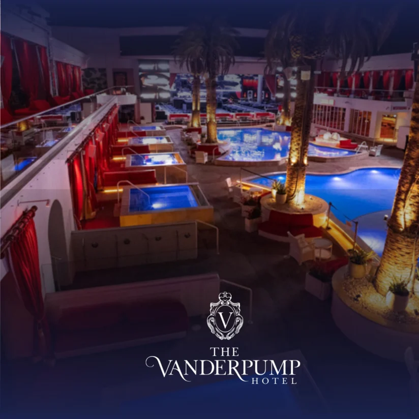Outdoor luxury hotel pool area at night with palm trees, cabanas, hot tubs, and lounge seating, featuring The Vanderpump Hotel logo at the bottom.
