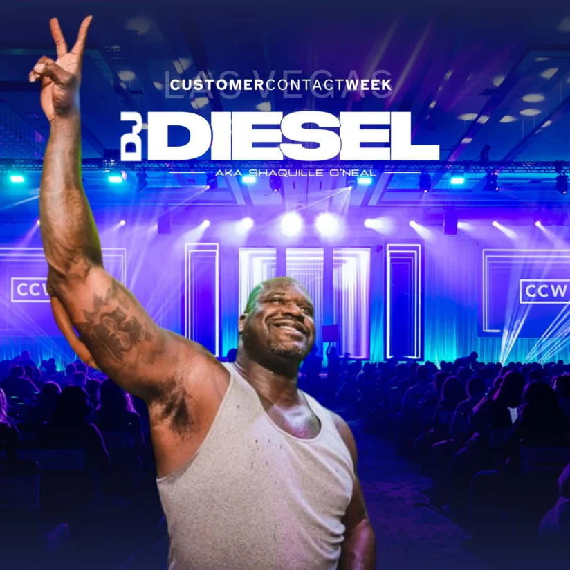 A man in a tank top smiles and raises a peace sign on stage with "DJ Diesel aka Shaquille O'Neal" and "Customer Contact Week" displayed above, in front of a lit audience.