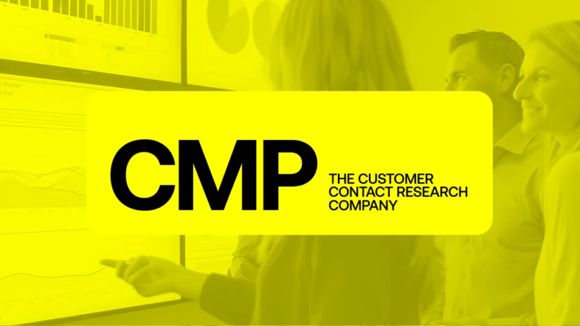 Three people reviewing data on screens in an office setting with a yellow overlay. Large text reads "CMP The Customer Contact Research Company.