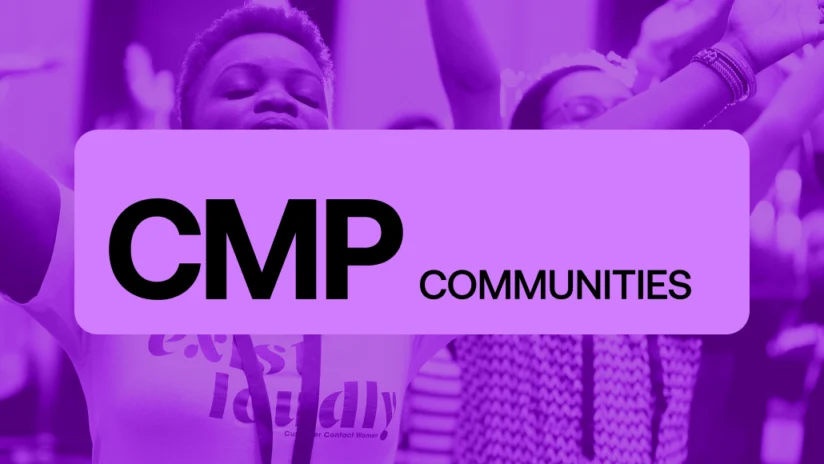 A purple-tinted image shows people with raised arms in the background. Overlaid text reads "CMP COMMUNITIES" in bold and regular fonts.