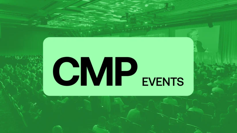 Large audience seated in a conference hall with the words "CMP Events" in bold on a green overlay.