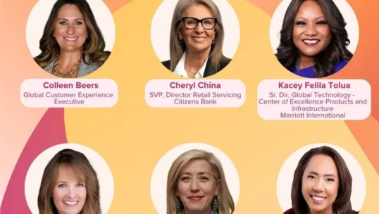Six women business leaders are featured in individual portrait circles with their names, titles, and companies listed, set against a gradient background for the CCWomen Webinar Series.