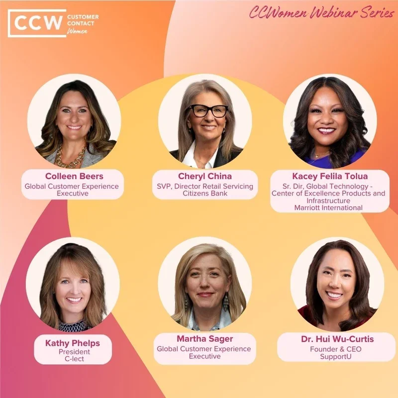 Six women business leaders are featured in individual portrait circles with their names, titles, and companies listed, set against a gradient background for the CCWomen Webinar Series.