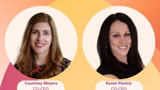 Two women, Courtney Meyers and Karen Pavicic, Co-CEOs of Omni Interactions, are featured in circular frames for a CCWomen Webinar Series.