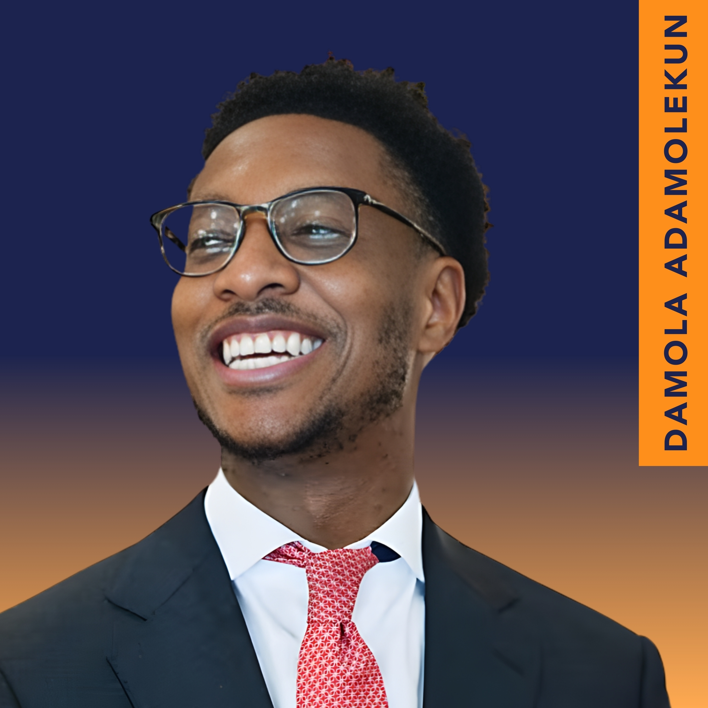 A man in a suit and red tie smiles, wearing glasses, against a blue and orange background with the text "Damola Adamolekun" vertically on the right.