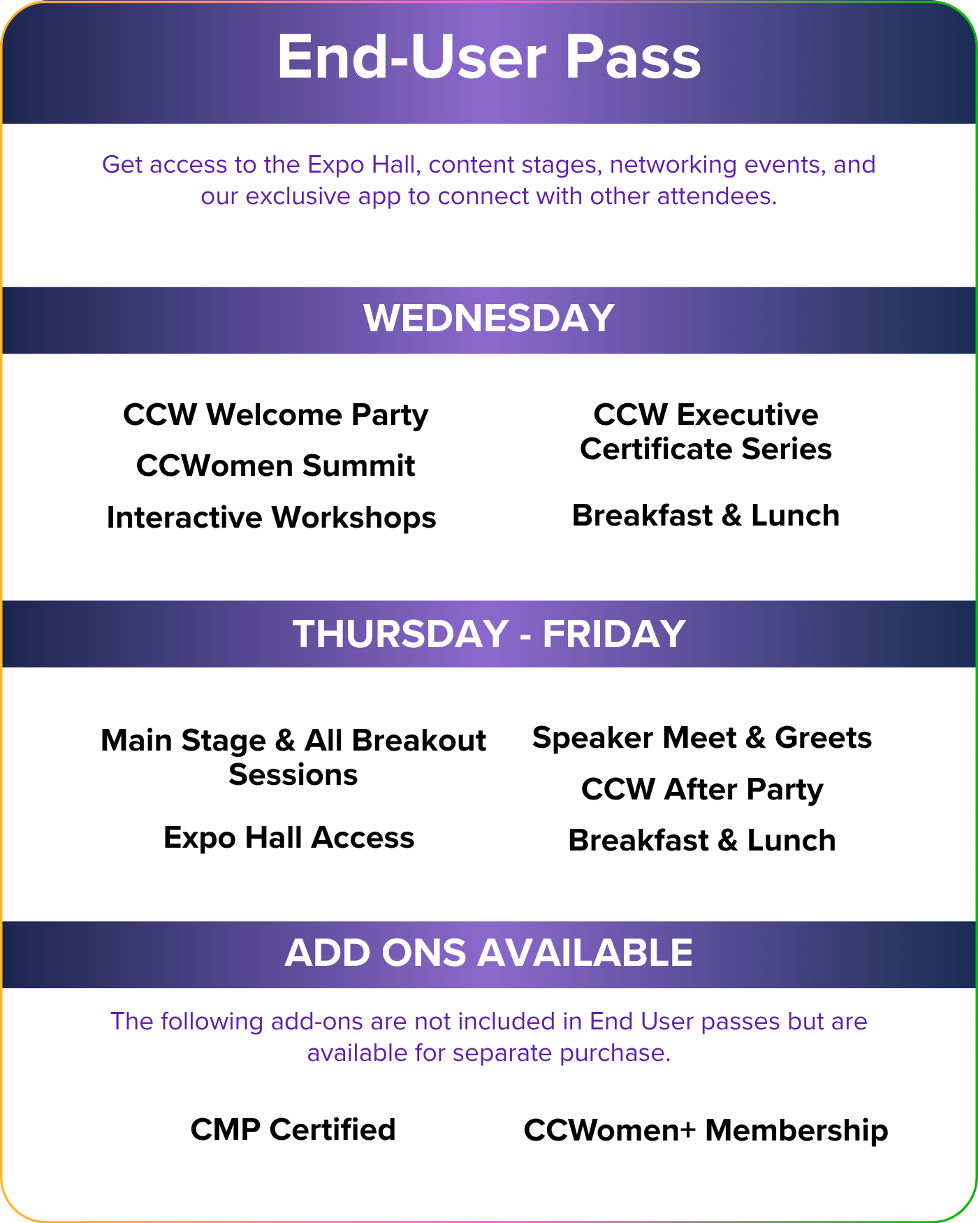 End-User Pass event schedule listing activities for Wednesday to Friday, including meals, sessions, and add-ons like CMP certification and CCWomen+ Membership.
