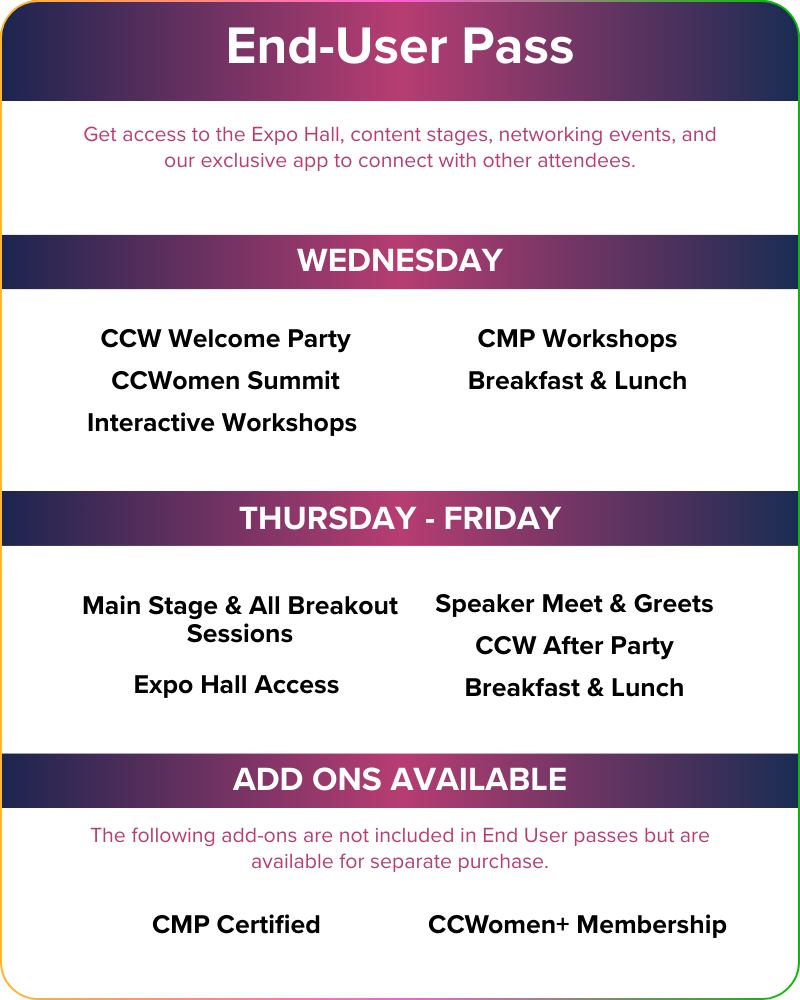 End-User Pass details: Wednesday events, Thursday-Friday events, and available add-ons like CMP Certified and CCWomen+ Membership.