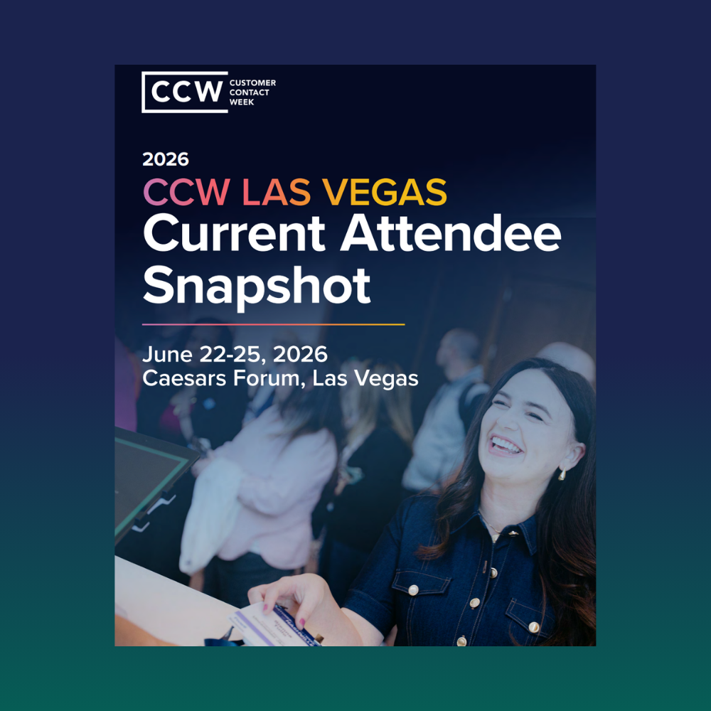 Event poster for Customer Contact Week 2026 in Las Vegas, showing a woman smiling at a registration desk with event details listed.