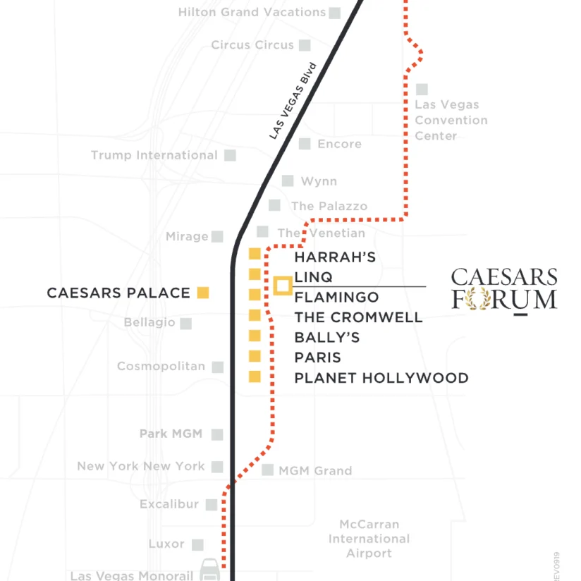 Map showing the Las Vegas Monorail route with stations near major hotels and the location of Caesars Forum marked to the right of Harrah’s, LINQ, and Flamingo stations.