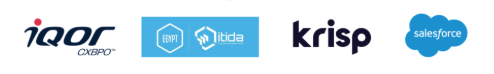 Logos of four companies displayed left to right: iQor, EGHT, ITIDA, Krisp, and Salesforce.