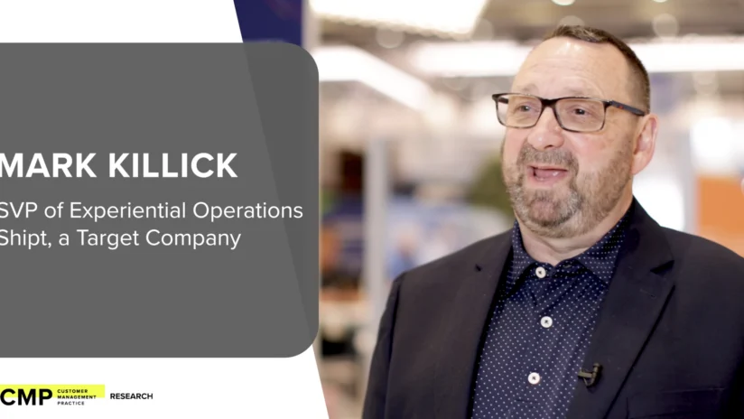 A man in glasses and a navy blazer is speaking indoors. A caption identifies him as Mark Killick, SVP of Experiential Operations at Shipt, a Target Company.