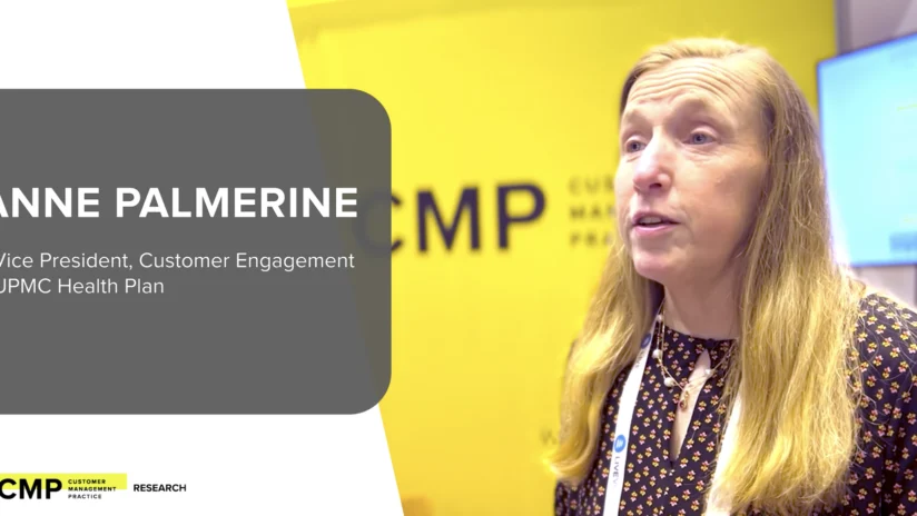 Anne Palmerine, Vice President of Customer Engagement at UPMC Health Plan, speaks at a CMP event with a yellow background and display board visible.