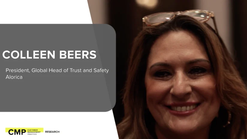 A woman smiling at the camera, with text identifying her as Colleen Beers, President, Global Head of Trust and Safety at Alorica, overlaid on the left side.