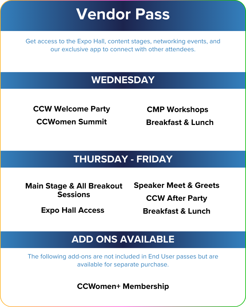 Vendor Pass schedule outlining access to panels, workshops, meals, meet & greets, and add-on options like CCWomen+ Membership from Wednesday to Friday.