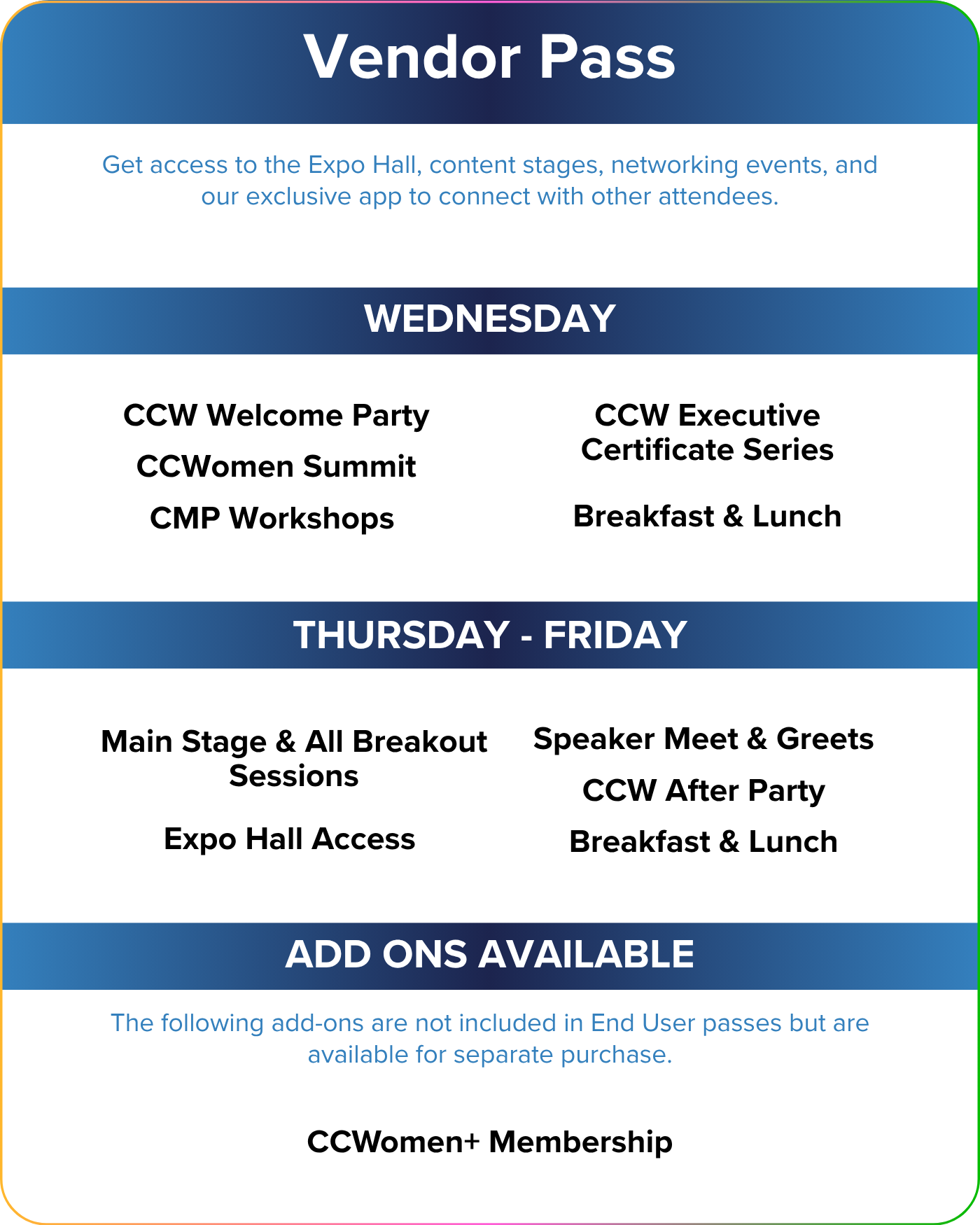 Vendor Pass schedule listing event access on Wednesday (CCW Welcome Party, CCWomen Summit, CMP Workshops, Executive Series, meals), Thursday-Friday (sessions, expo, meet & greets, party, meals), plus add-ons.