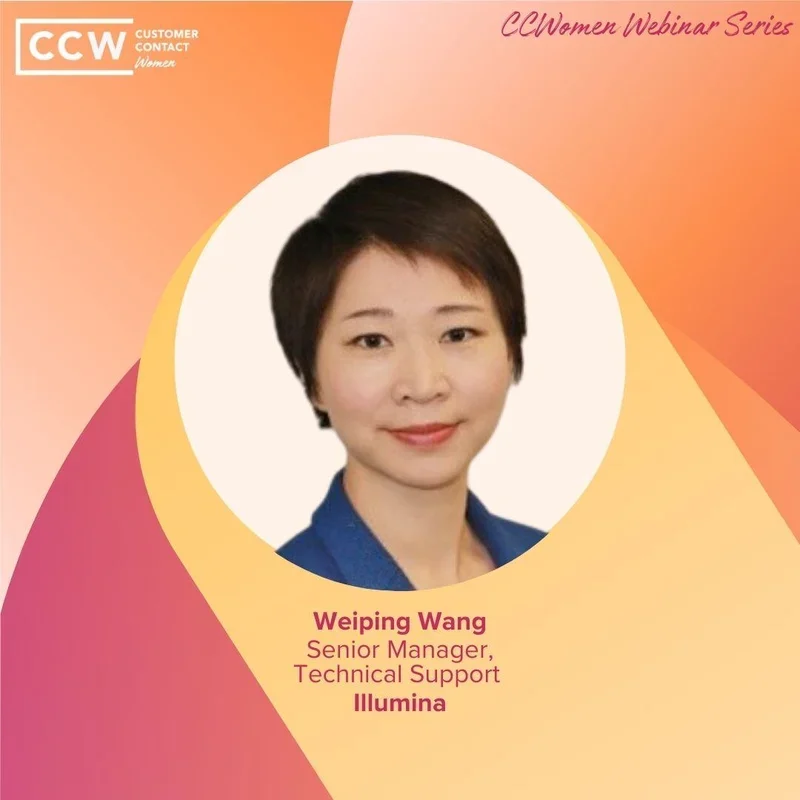 Professional headshot of Weiping Wang, Senior Manager of Technical Support at Illumina, featured in the CCWomen Webinar Series promotional graphic.