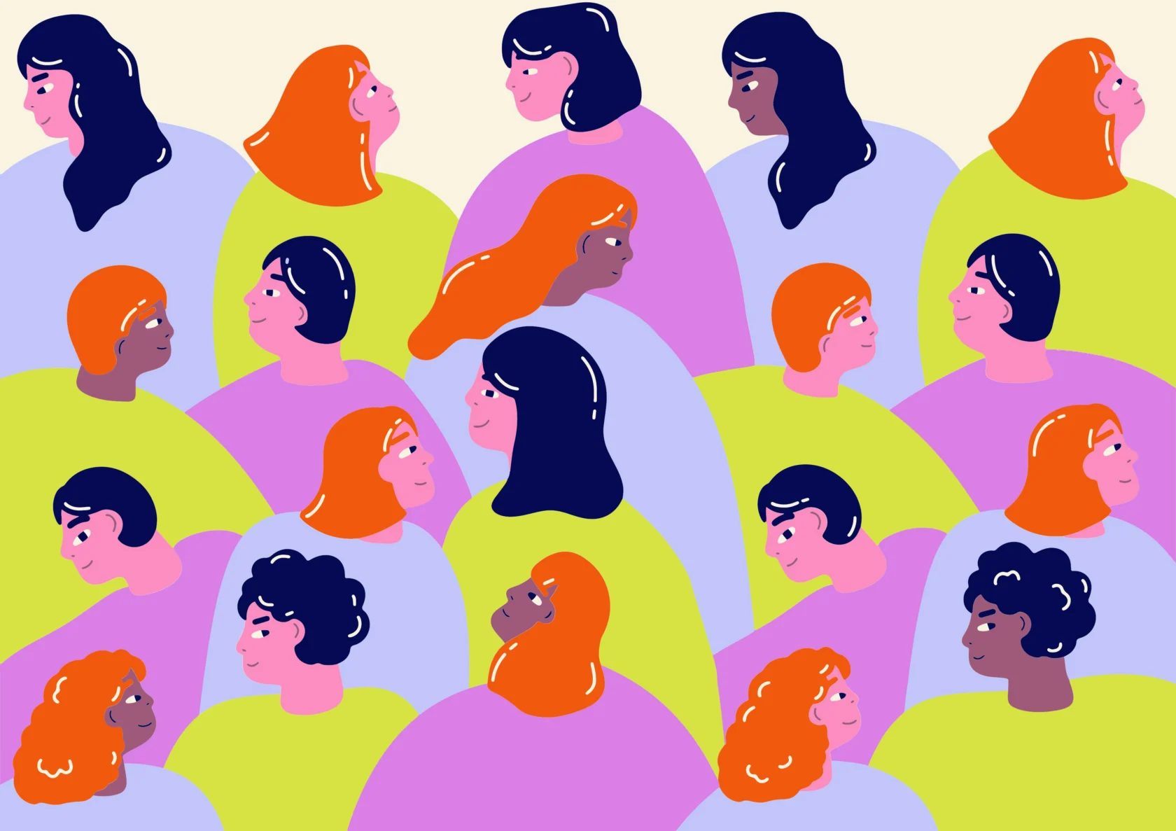 Illustration of a diverse group of people with various skin tones and hair colors, all facing different directions, set against a pastel background.