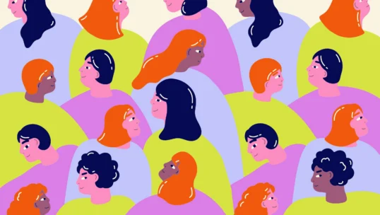 Illustration of a diverse group of people with various skin tones and hair colors, all facing different directions, set against a pastel background.