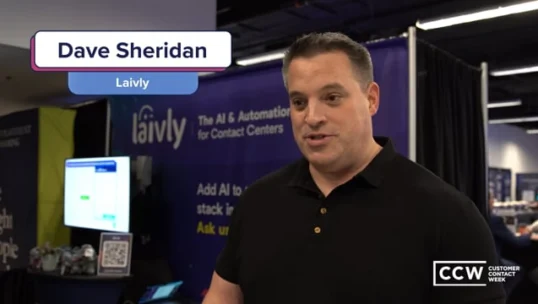 A man in a black shirt stands in front of a booth with "Laivly" branding at a convention. Text: "Dave Sheridan, Laivly" and "CCW Customer Contact Week" are displayed on the image.