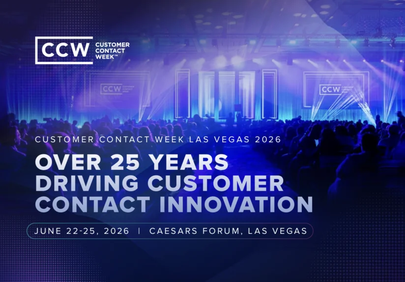 Purple-lit auditorium with audience and stage; text promotes Customer Contact Week Las Vegas 2026, June 22-25, celebrating over 25 years of customer contact innovation at Caesars Forum.