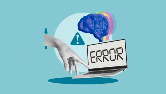 A hand reaches toward a laptop displaying “ERROR,” with a warning symbol and a digital brain labeled “AI” in the background, all set against a blue backdrop.