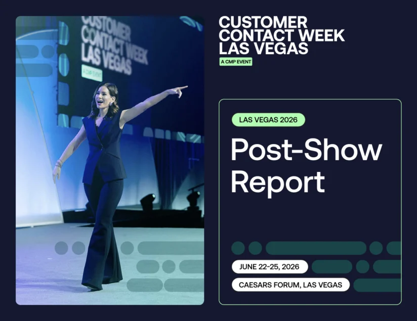 A woman gestures on stage at Customer Contact Week Las Vegas 2026. The screen reads “Post-Show Report, June 22–25, 2026, Caesars Forum, Las Vegas.”.
