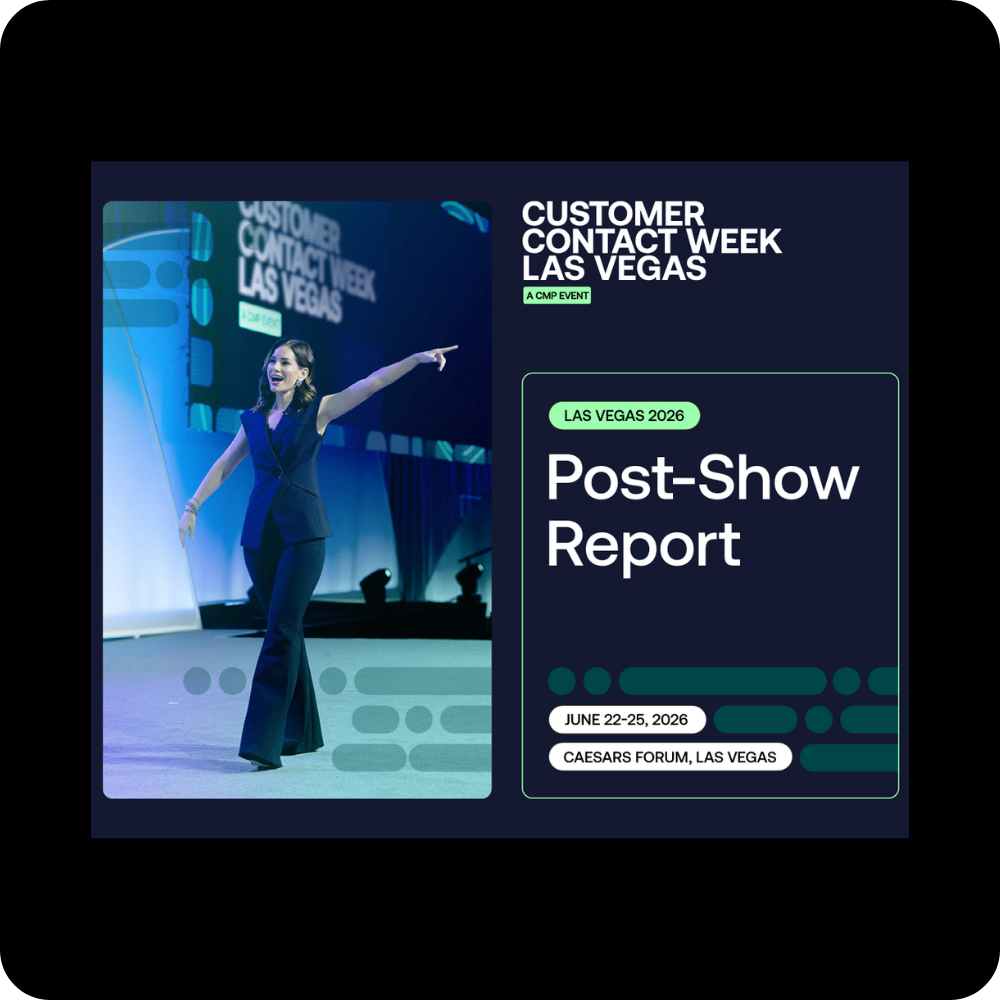 A woman on stage gestures enthusiastically at Customer Contact Week Las Vegas 2026 Post-Show Report event, held June 22-25 at Caesars Forum, Las Vegas.