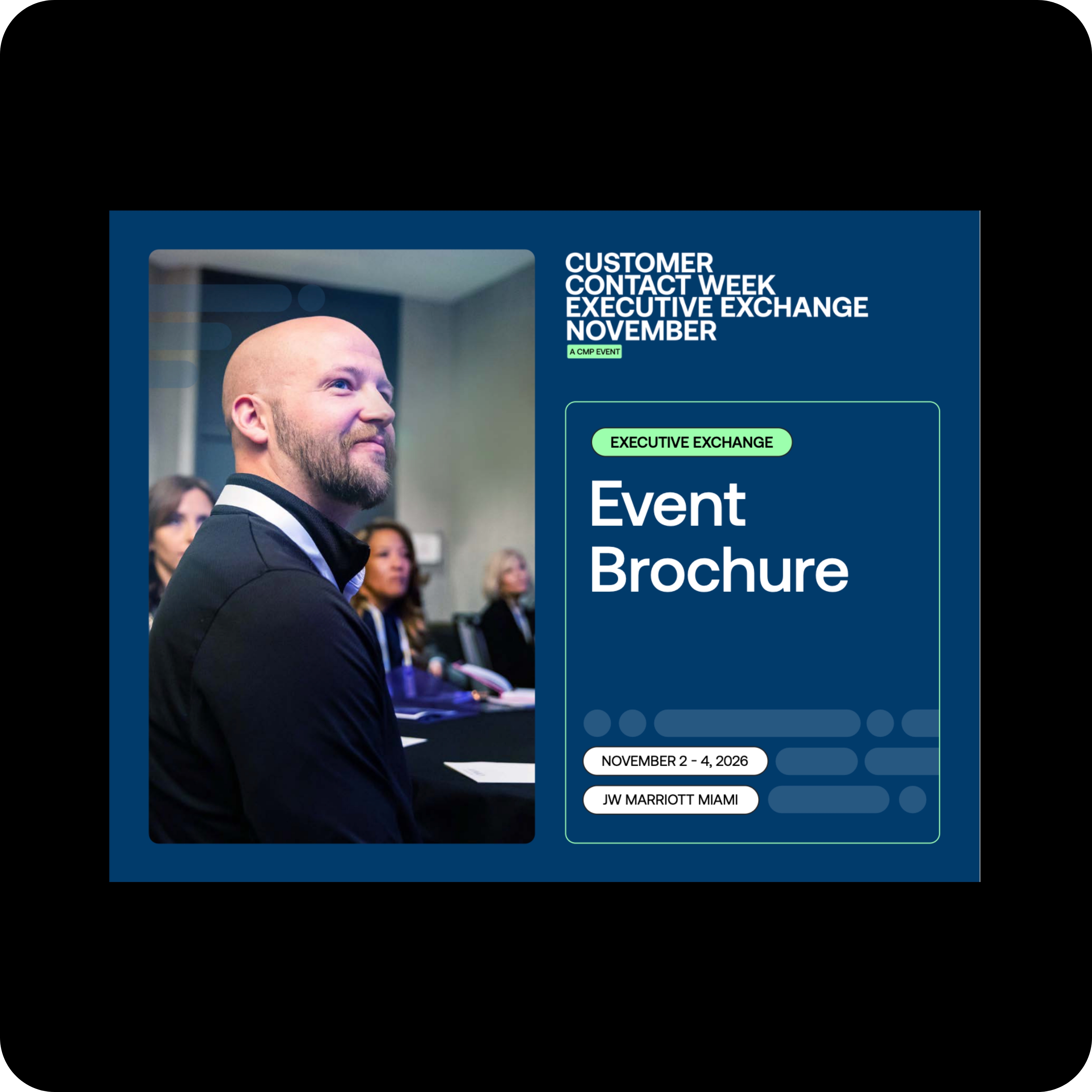 A man in formal attire sits attentively in an audience at the Customer Contact Week Executive Exchange event, with an event brochure displayed next to him.