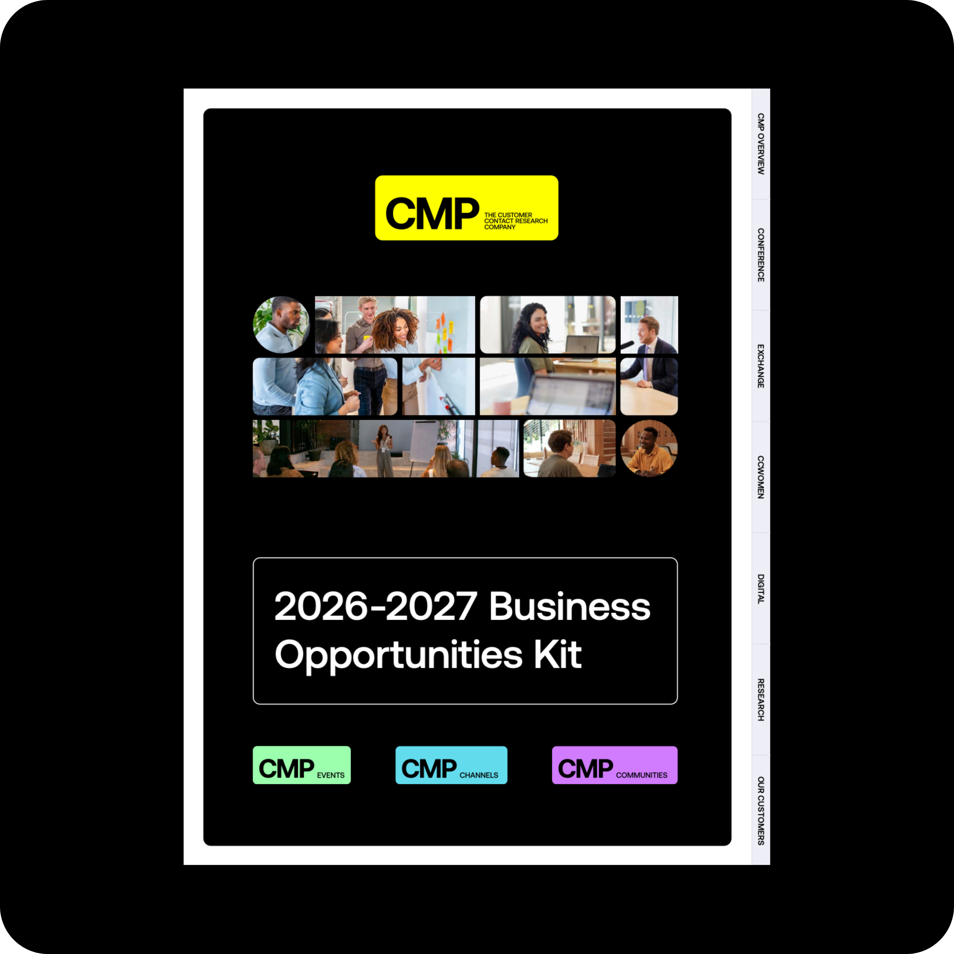 CMP 2026–2027 Business Opportunities Kit, featuring images of business meetings and section tabs for events, channels, and companies.