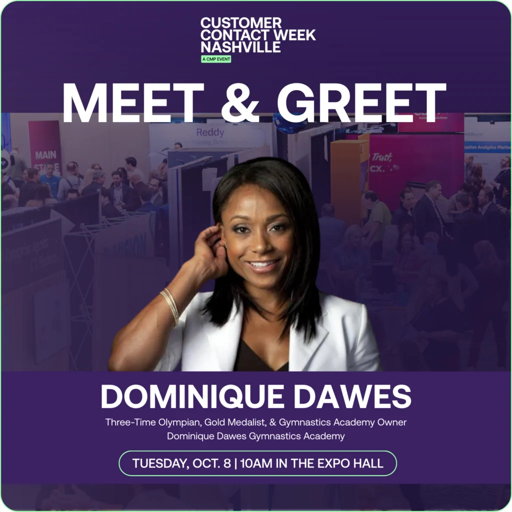 Dominique Dawes stands smiling in front of a blurred expo crowd with text promoting a Customer Contact Week Nashville meet & greet event on Tuesday, Oct. 8 at 10am in the Expo Hall.